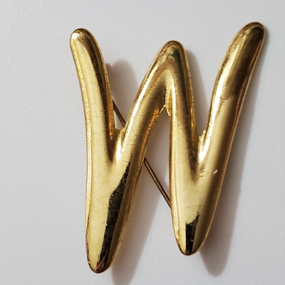 Vintage M OR W brooch pin gold 70's 80's initial monogram name vtg